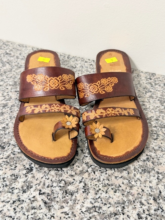 Mexico Shoes - Women’s Brown Floral Leather Slide Sandals mexico sz 5 US sz 8